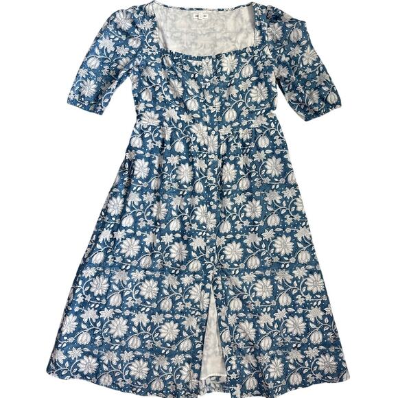 Beau & Ro Blue Folk Floral Button Front Floral Midi Dress Pockets Size Medium‎ - Picture 1 of 10